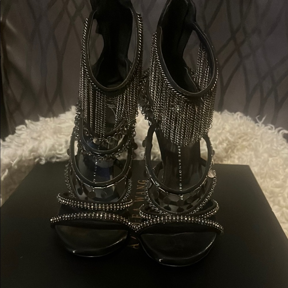 Giuseppe Elegant Black Chain-Embellished Women's Heels